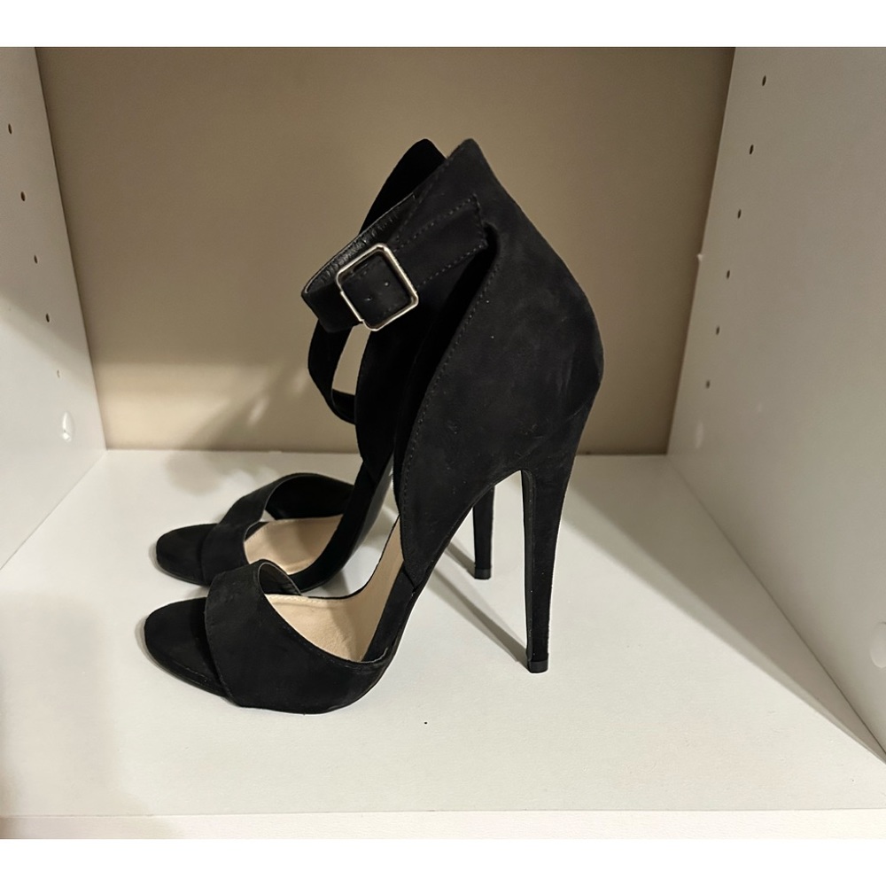 Black suede open toe high heels